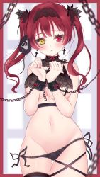 Rule 34 | 1girl, bad id, bad twitter id, blush, breasts, earrings, heterochromia, highres, hololive, houshou marine, jewelry, kurusu rei, large breasts, lingerie, long hair, looking at viewer, midriff, navel, red eyes, red hair, restrained, solo, thick thighs, thighhighs, thighs, twintails, underboob, underwear, virtual youtuber, yellow eyes