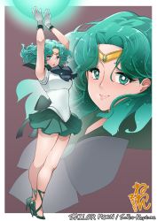 Rule 34 | 1girl, ankle strap, arms up, artist name, bare arms, bishoujo senshi sailor moon, border, bow, character name, circlet, close-up, closed mouth, commentary, copyright name, covered navel, eyelashes, forehead, frilled skirt, frills, full body, gloves, green eyes, green footwear, green skirt, high heels, kaiou michiru, legs together, lips, looking at viewer, medium hair, neone, parted bangs, sailor neptune, sailor senshi uniform, skirt, smile, solo, thighs, white border, white gloves