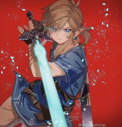 Rule 34 | 1boy, belt, belt buckle, black gloves, blue eyes, blue shirt, brown pants, buckle, closed mouth, commentary, earrings, english commentary, fingerless gloves, gloves, glowing, glowing sword, glowing weapon, hair between eyes, highres, holding, holding sword, holding weapon, jewelry, layered sleeves, link, long hair, looking at viewer, male focus, master sword, nintendo, pants, pointy ears, sheath, shirt, short ponytail, shuri (84k), sidelocks, solo, sword, the legend of zelda, the legend of zelda: breath of the wild, thick eyebrows, twitter username, v-shaped eyebrows, weapon