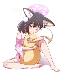 Rule 34 | 1girl, animal ear fluff, animal ears, barefoot, black hair, blue archive, blush, brown eyes, fang, feet, fox ears, fox girl, fox tail, hair ornament, halo, highres, hugging own tail, hugging tail, izuna (blue archive), knee up, legs, mugisepa, no pants, one eye closed, pink halo, pink shirt, pom pom (clothes), pom pom hair ornament, shirt, short hair, sitting, sleepy, solo, spread legs, tail, thighs, toes
