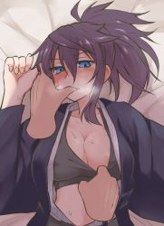 Rule 34 | 1girl, areola slip, bed sheet, blue eyes, blush, boy on top, breasts, cleavage, cleavage reach, clothes pull, disembodied limb, finger in another&#039;s mouth, full-face blush, heavy breathing, hetero, imminent penetration, imura (shiro maru), japanese clothes, kimono, large breasts, long hair, looking at viewer, lying, on back, on bed, open clothes, open kimono, original, ponytail, pov, pulling another&#039;s clothes, purple hair, shadow, shiro maru, shiromaru, shirt pull, solo focus, sports bra, sweat, yukata