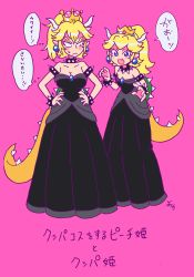 Rule 34 | 2girls, :d, absurdres, angry, armlet, black collar, black dress, bowsette, bowsette (cosplay), bracelet, breasts, cleavage, collar, commentary request, cosplay, crown, dress, earrings, fang, hands on own hips, highres, horns, jewelry, large breasts, long dress, looking at another, looking to the side, mario (series), marker (medium), multiple girls, new super mario bros. u deluxe, nintendo, open mouth, princess peach, smile, spiked armlet, spiked bracelet, spiked collar, spiked shell, spiked tail, spikes, strapless, strapless dress, super crown, tail, traditional media, translation request, turtle shell, yoineko