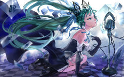 Rule 34 | 1girl, arm support, card, checkered floor, elbow gloves, floating hair, floor, gloves, gothic lolita, green eyes, green hair, hair ribbon, hatsune miku, high heels, highres, l.green, lips, lolita fashion, long hair, matching hair/eyes, microphone, microphone stand, perspective, ribbon, roman numeral, seiza, sitting, solo, tattoo, twintails, very long hair, vocaloid