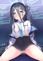 Rule 34 | 1girl, aqua halo, aris (blue archive), black hair, black hairband, black skirt, blue archive, blue eyes, blue necktie, blush, breasts, closed mouth, collared shirt, commentary request, eyes visible through hair, gluteal fold, gmkj, hair between eyes, hairband, halo, highres, jacket, long hair, necktie, off shoulder, one side up, open clothes, open jacket, panties, pleated skirt, rectangular halo, ringed eyes, shirt, signature, skirt, small breasts, smile, solo, spread legs, underwear, very long hair, white jacket, white panties, white shirt