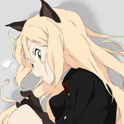 Rule 34 | 1girl, animal ears, blonde hair, blush, buttons, cat ears, green eyes, grey background, heinrike prinzessin zu sayn-wittgenstein, long hair, long sleeves, military, military uniform, noble witches, one eye closed, open mouth, solo, strike witches, umanosuke, uniform, world witches series