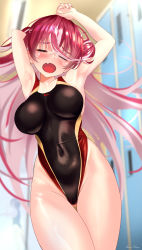Rule 34 | 1girl, black one-piece swimsuit, breasts, commentary request, competition swimsuit, covered navel, cowboy shot, closed eyes, fang, gluteal fold, hair bun, highleg, highleg swimsuit, highres, hololive, houshou marine, indoors, locker, locker room, long hair, looking at viewer, medium breasts, mizuno kurage, multicolored clothes, multicolored swimsuit, one-piece swimsuit, open mouth, red hair, skin fang, solo, swimsuit, thigh gap, virtual youtuber, yawning