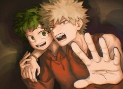 Rule 34 | 2boys, :d, alternate costume, arm around shoulder, bakugou katsuki, bare arms, bare shoulders, blonde hair, blurry, bnahzub, boku no hero academia, bracelet, brown background, casual, chromatic aberration, commentary request, curly hair, depth of field, drawstring, film grain, foreshortening, freckles, from side, furrowed brow, green eyes, green hair, green pupils, hand up, hands up, happy, highres, hood, hood down, hoodie, jewelry, leaning forward, light, long sleeves, looking at viewer, looking to the side, male focus, midoriya izuku, multiple boys, necklace, open hand, open mouth, orange hoodie, orange tank top, outstretched arm, outstretched hand, pendant, reaching, reaching towards viewer, red eyes, ring, ring necklace, round teeth, sanpaku, shadow, short hair, sideways glance, sleeveless, smile, spiked hair, tank top, teeth, upper body, v-shaped eyebrows