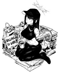 Rule 34 | 1girl, bag, baseball cap, begging, blue archive, crop top, cup, dirty, dirty clothes, dirty face, hair between eyes, halo, hat, highres, holding, holding cup, ireading, jacket, long hair, looking at viewer, monochrome, mug, navel, off shoulder, pants, plastic bag, poverty, saori (blue archive), shoes, sign, sitting, solo