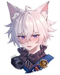 1boy absurdres ahoge animal_ear_fluff animal_ears blush cat_boy cat_ears commentary crossed_bangs fang hair_between_eyes highres leafiane looking_at_viewer male_focus open_mouth portrait purple_eyes seth_lowell sidelocks simple_background skin_fang solo white_background white_hair zenless_zone_zero