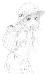 Rule 34 | 1girl, :d, absurdres, backpack, bad id, bad pixiv id, bag, blush, collared shirt, commentary request, cowboy shot, dorontabi, greyscale, hat, highres, holding, leaning forward, long sleeves, looking at viewer, monochrome, open mouth, original, pleated skirt, puffy short sleeves, puffy sleeves, randoseru, school hat, shirt, short sleeves, simple background, skirt, smile, solo, thighhighs, white background