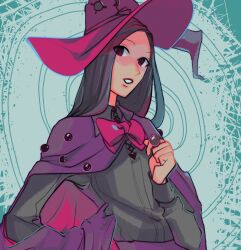 Rule 34 | 1boy, alternate costume, androgynous, black eyes, black hair, black shirt, bow, bowtie, cape, dungeonbgm, hat, highres, hunter x hunter, illumi zoldyck, long hair, long sleeves, looking at viewer, male focus, pale skin, pink bow, pink hat, purple cape, shirt, witch hat
