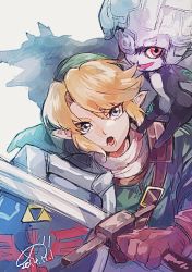 Rule 34 | 1boy, 1girl, belt, blonde hair, blue eyes, colored sclera, colored skin, dated, gloves, hat, holding, hylian shield, link, medu (rubish), midna, multicolored skin, nintendo, open mouth, pointy ears, red eyes, shield, shirt, signature, sword, the legend of zelda, the legend of zelda: twilight princess, two-tone skin, weapon