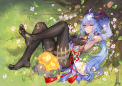 Rule 34 | 1girl, ahoge, arm up, armpits, atdan, bare shoulders, bell, black leotard, black pantyhose, blue hair, breasts, cowbell, day, detached collar, detached sleeves, feet, fine fabric emphasis, flower, ganyu (genshin impact), gem, genshin impact, goat horns, gold trim, highres, horns, knees up, leaf, leg up, leotard, long hair, long sleeves, low ponytail, lying, medium breasts, no shoes, on back, outdoors, pantyhose, purple eyes, rock, rope, signature, solo, sunlight, tassel, tree, tree shade, waist cape, white flower
