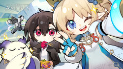 Rule 34 | 2girls, aqua gloves, artist request, blonde hair, blue eyes, brown eyes, character request, chibi, closed mouth, commentary, copyright name, english commentary, ex astris, fingerless gloves, food, fork, gloves, hair between eyes, hair ornament, highres, holding, holding fork, long hair, looking at viewer, multiple girls, one eye closed, open mouth, red eyes, smile, sparkle, teeth, upper teeth only, v