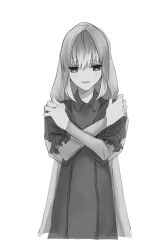 Rule 34 | 1girl, :d, blush, collared dress, cowboy shot, cropped legs, crossed arms, dress, fate (series), gray (fate), greyscale, highres, hood, hood up, looking down, lord el-melloi ii case files, monochrome, open mouth, osionopan, puffy short sleeves, puffy sleeves, see-through, see-through sleeves, short sleeves, simple background, smile, solo