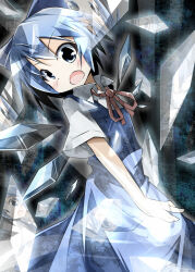 Rule 34 | 1girl, :o, blue bow, blue dress, blue eyes, blue hair, bow, cirno, collared shirt, commentary request, detached wings, dress, hair bow, hakobako, ice, ice wings, looking to the side, neck ribbon, open mouth, pinafore dress, red ribbon, reflection, ribbon, shirt, short hair, short sleeves, sleeveless, sleeveless dress, solo, striped background, touhou, upper body, white shirt, wings