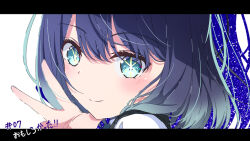 Rule 34 | 1girl, black sweater vest, blue eyes, blue hair, blush, closed mouth, commentary, gradient hair, hair between eyes, kurokawa akane, kyamiuu, letterboxed, looking at viewer, medium hair, multicolored hair, oshi no ko, portrait, solo, star-shaped pupils, star (symbol), sweater vest, swept bangs, symbol-shaped pupils, translation request, v, white background