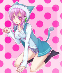 Rule 34 | 1girl, animal hat, arm support, black eyes, breasts, cat tail, hat, headphones, impossible clothes, jinga, large breasts, nitroplus, no shoes, open mouth, paw pose, pink hair, polka dot, polka dot background, red eyes, sitting, socks, solo, super sonico, tail