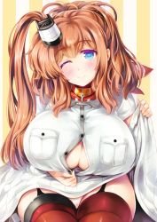 Rule 34 | 10s, 1girl, ;), blue eyes, blush, breast pocket, breasts, brown hair, cleavage, closed mouth, clothes lift, dress, dress lift, garter straps, head tilt, huge breasts, kantai collection, leaning forward, long hair, looking at viewer, mini koala, neckerchief, one eye closed, paizuri invitation, panties, pantyshot, partially unbuttoned, pocket, red neckerchief, red thighhighs, saratoga (kancolle), side ponytail, sitting, smile, solo, striped, striped background, thighhighs, underwear, vertical stripes, white panties