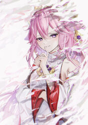 Rule 34 | 1girl, absurdres, animal ears, detached sleeves, finger to mouth, genshin impact, hair between eyes, hand up, highres, japanese clothes, long sleeves, looking at viewer, nontraditional miko, parted lips, pink eyes, pink hair, ribbon-trimmed sleeves, ribbon trim, saksak mocchiri, shushing, simple background, smile, solo, upper body, wide sleeves, yae miko