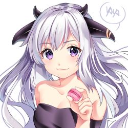Rule 34 | 1girl, absurdres, bare shoulders, blush, breasts, cleavage, closed mouth, collarbone, demon girl, demon horns, food, highres, holding, holding food, horns, huge filesize, long hair, looking at viewer, macaron, medium breasts, original, purple eyes, simple background, smile, solo, strapless, upper body, white background, white hair, yaya chan