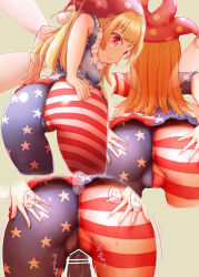 Rule 34 | 1girl, american flag dress, american flag legwear, ass, blonde hair, cleft of venus, clownpiece, dress, fairy wings, from behind, grinding, hands on ass, hands on own ass, hat, highres, jester cap, kaabon meshi, legacy of lunatic kingdom, long hair, polka dot, red eyes, short sleeves, smile, solo, star (symbol), star print, striped, touhou, wings