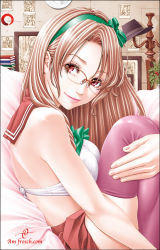 Rule 34 | 1girl, absurdres, book, book stack, bow, bowtie, brown hair, closed mouth, clothes hanger, from side, green bow, green hairband, hair bow, hairband, highres, hugging own legs, indoors, long hair, looking at viewer, looking to the side, orange-framed eyewear, original, over-rim eyewear, pink lips, pink thighhighs, red eyes, red sailor collar, red skirt, sailor collar, school uniform, semi-rimless eyewear, serafuku, seto yuuki, shirt, skirt, smile, solo, thighhighs, white shirt