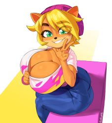 Rule 34 | 1girl, absurdres, animal ears, beanie, blonde hair, blush, borvar, breasts, cleavage, coco bandicoot, crash bandicoot (series), denim, eyes visible through hair, green eyes, grin, hat, highres, huge breasts, jeans, looking at viewer, pants, shirt, short hair, short sleeves, sitting, smile, solo, thick eyebrows, v, white background, yellow background