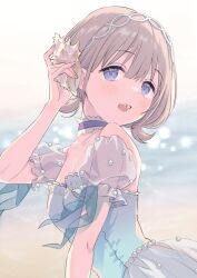 Rule 34 | 1girl, absurdres, beach, blue dress, blue eyes, blush, breasts, choker, cleavage, collarbone, commentary request, day, dress, frilled choker, frills, hairband, highres, holding, holding shell, idolmaster, idolmaster shiny colors, light brown hair, looking at viewer, momomoi momoi, ocean, off-shoulder dress, off shoulder, open mouth, outdoors, see-through, see-through sleeves, serizawa asahi, shell, short hair, short twintails, small breasts, smile, solo, twintails, upper body