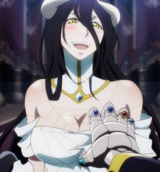 Rule 34 | 1girl, albedo (overlord), bare shoulders, black hair, blush, grabbing another&#039;s breast, breasts, cleavage, demon, demon girl, dress, female focus, gloves, grabbing, happy, highres, horns, large breasts, long hair, looking at viewer, open mouth, overlord (maruyama), screencap, solo, stitched, demon girl, third-party edit, yellow eyes