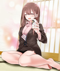 Rule 34 | 1girl, alcohol, beer, blush, collared shirt, commentary request, closed eyes, formal, highres, legs, light brown hair, long hair, no shoes, office lady, ol-chan (oouso), oouso, original, pantyhose, shirt, sitting, skirt, skirt suit, solo, suit, white pantyhose, yokozuwari