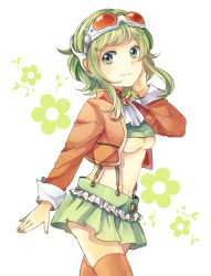 Rule 34 | 1girl, breasts, brown thighhighs, colored eyelashes, cowboy shot, female focus, fingernails, flower, frills, goggles, green eyes, green hair, green nails, green skirt, gumi, highres, long sleeves, looking at viewer, midriff, mitsui (n321), multicolored nails, nail polish, navel, orange nails, shiny skin, skirt, solo, standing, suspenders, thighhighs, thighs, underboob, vocaloid, wavy hair, white background