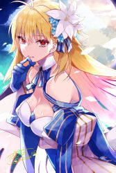 Rule 34 | 1girl, archetype earth, arcueid brunestud, bare shoulders, blonde hair, blue gloves, blue skirt, blush, breasts, cleavage, detached collar, detached sleeves, dress, fate/grand order, fate (series), flower, full moon, gloves, hair flower, hair ornament, highres, large breasts, long hair, looking at viewer, moon, multicolored clothes, multicolored skirt, night, night sky, petals, red eyes, skirt, sky, smile, solo, togashi (choco-bakama kitchen), tsukihime, very long hair, white dress