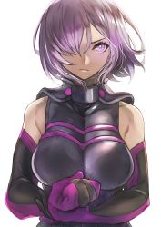Rule 34 | 1girl, absurdres, armor, armored dress, bare shoulders, breasts, clenched hand, closed mouth, commentary request, fate/grand order, fate (series), gloves, hair over one eye, highres, hotate-chan, large breasts, looking at viewer, mash kyrielight, purple eyes, purple gloves, purple hair, short hair, solo