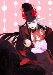 Rule 34 | 1boy, 1girl, absurdres, aged down, ashiya douman (fate), ashiya douman (third ascension) (fate), asymmetrical hair, baby, ball, bell, black eyes, black hair, black headwear, black kimono, black nails, black skin, colored skin, curly hair, earrings, fangs, fate/grand order, fate (series), fatherly, fujimaru ritsuka (female), fujimaru ritsuka (female) (walking in the spring breeze), hair bell, hair between eyes, hair intakes, hair ornament, hair ribbon, hair scrunchie, hat, highres, holding baby, japanese clothes, jewelry, kimono, long hair, magatama, magatama earrings, multicolored hair, nail polish, nyarou, official alternate costume, one side up, onmyouji, orange eyes, orange hair, parted lips, pink background, pink kimono, pink ribbon, ribbon, scrunchie, side ponytail, tate eboshi, toned, toned male, toy, traditional clothes, two-tone hair, very long fingernails, very long hair, white hair