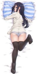 Rule 34 | 1girl, asashio (kancolle), ass, black hair, black thighhighs, blue eyes, blue panties, blush, dakimakura (medium), dd (ijigendd), feet, from above, from behind, full body, highres, kantai collection, long hair, long sleeves, looking at viewer, looking back, lying, no pants, no shoes, hugging object, on bed, on stomach, open mouth, panties, pillow, pillow grab, pillow hug, shirt, solo, thighhighs, thighs, underwear, white shirt