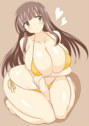 Rule 34 | 1girl, bikini, blush, breast hold, breasts, brown eyes, brown hair, collarbone, curvy, female focus, huge breasts, kneeling, long hair, original, parted lips, plump, simple background, solo, swimsuit, thick thighs, thighs, wedge (tyrl stride), wide hips, yellow bikini