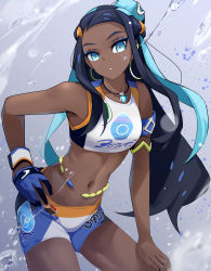 Rule 34 | 1girl, armlet, bare shoulders, belly chain, breasts, collarbone, creatures (company), dark-skinned female, dark skin, earrings, eyeliner, fed (giba), forehead, game freak, gloves, gradient background, gym leader, hair bun, hand on own hip, highres, hoop earrings, jewelry, long hair, looking at viewer, makeup, multicolored hair, navel, necklace, nessa (pokemon), nintendo, parted lips, partially fingerless gloves, pokemon, pokemon swsh, shorts, single glove, single hair bun, small breasts, solo, sports bra, sportswear, thighs, two-tone hair, water