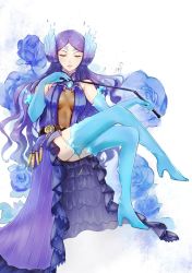 Rule 34 | 1girl, blue fire, breasts, brighid (xenoblade), center opening, collarbone, dress, elbow gloves, closed eyes, fiery hair, fire, gloves, high heels, large breasts, long hair, purple dress, purple hair, simple background, smile, solo, thighhighs, uyumizyunco, very long hair, xenoblade chronicles (series), xenoblade chronicles 2