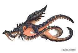 Rule 34 | animal focus, beak, chimera, commentary request, copyright notice, dragon, fins, from side, full body, highres, horizontal pupils, monster, no humans, orange eyes, original, profile, simple background, solo, spikes, suction cups, tentacles, white background, yamamura le