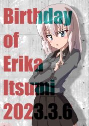 Rule 34 | 1girl, absurdres, birthday, black skirt, blue eyes, blush, character name, commentary, dated, dress shirt, drops mint, english text, foreground text, frown, girls und panzer, grey hair, grey shirt, highres, insignia, itsumi erika, kuromorimine school uniform, long sleeves, looking at viewer, medium hair, miniskirt, open mouth, pleated skirt, salute, school uniform, shadow, shirt, skirt, solo, standing, two-finger salute, wing collar