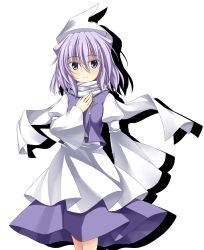 Rule 34 | 1girl, commentary, hair between eyes, hand on own chest, hat, highres, letty whiterock, long sleeves, looking at viewer, pink hair, purple eyes, rappa (rappaya), scarf, shadow, skirt, smile, solo, touhou, white background, wide sleeves