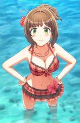 Rule 34 | 1girl, animal ears, bikini, bikini skirt, blush, bow, bracelet, breasts, brown hair, cat ears, cleavage, collar, day, fake animal ears, flower, frilled bikini, frills, from above, green eyes, groin, hair flower, hair ornament, hands on own hips, idolmaster, idolmaster cinderella girls, idolmaster cinderella girls starlight stage, jewelry, looking at viewer, maekawa miku, medium breasts, navel, necklace, outdoors, pink bow, ponytail, red bikini, red flower, smile, solo, swimsuit, wading, water