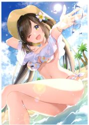 Rule 34 | 1girl, ;d, absurdres, arm behind head, arm up, armpits, ass, beach, bikini, blue sky, bracelet, breasts, brown eyes, brown hair, cleavage, cloud, cloudy sky, collarbone, day, flower, hair flower, hair ornament, hat, highres, jewelry, crossed legs, long hair, looking at viewer, masuishi kinoto, medium breasts, navel, one eye closed, open mouth, original, outdoors, outstretched arm, palm tree, sarong, scan, sitting, sky, smile, solo, sun, sun hat, sunlight, swimsuit, thighs, tree, twintails, water, water drop, wet, white bikini, white flower