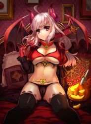 Rule 34 | 1girl, ahoge, alcohol, arm at side, bed, belly chain, black panties, black thighhighs, breasts, cameltoe, cleavage, clothes pin, cup, cushion, demon girl, demon horns, demon wings, detached collar, drinking glass, female focus, gloves, hair ornament, halloween, head tilt, horns, indoors, jack-o&#039;-lantern, jewelry, knife, large breasts, long hair, long sleeves, looking at viewer, low-tied long hair, navel, no pants, on bed, original, panties, picture frame, pillow, puffy sleeves, reclining, red eyes, red gloves, revealing clothes, sidelocks, silver hair, sitting, solo, sorao (ichhimo), tassel, thighhighs, underboob, underwear, wallpaper (object), wine, wine glass, wings