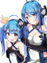Rule 34 | 2girls, ahoge, azur lane, bare shoulders, blue hair, blush, breasts, cleavage, collarbone, commentary request, detached sleeves, flat chest, gloves, hair ornament, helena (azur lane), lena (azur lane), long hair, manjuu (azur lane), medium breasts, multiple girls, open mouth, purple eyes, schreibe shura, simple background, smile, white background