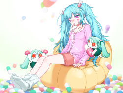 Rule 34 | 1girl, aimaina, bloodtea, blue hair, facial tattoo, full body, hatsune miku, highres, long hair, miniskirt, pill, pink eyes, ringed eyes, sitting, skirt, slow motion (vocaloid), socks, solo, tattoo, thermometer, twintails, very long hair, vocaloid