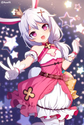 Rule 34 | 1girl, :d, animal ears, bandaged leg, bandages, blurry, blurry background, blush, collar, commentary request, crown, depth of field, detached collar, dress, frilled dress, frills, gloves, hair between eyes, hair ornament, hairclip, honkai (series), honkai impact 3rd, korean commentary, long hair, looking at viewer, low ponytail, magical girl, mauve, mini crown, open mouth, outstretched arm, pink dress, ponytail, puffy short sleeves, puffy sleeves, purple eyes, rabbit ears, short sleeves, silver hair, smile, solo, star (symbol), starry background, theresa apocalypse, theresa apocalypse (sakuno rondo), twitter username, v, white collar, white dress, white gloves, x hair ornament