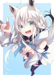 Rule 34 | 1girl, ahoge, animal ears, asymmetrical hair, black footwear, black thighhighs, blue background, blurry, braid, breasts, commentary, cowboy shot, depth of field, detached sleeves, earrings, foreshortening, fox ears, fox shadow puppet, fox tail, from above, full body, green eyes, hair between eyes, highres, hololive, hood, hoodie, jewelry, long hair, looking at viewer, medium breasts, open mouth, ponytail, re lucy, shirakami fubuki, shirakami fubuki (1st costume), shoes, side braid, signature, simple background, single thighhigh, smile, solo, tail, thighhighs, virtual youtuber, white background, white hair, white hoodie, wide sleeves