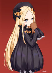 Rule 34 | 1girl, abigail williams (fate), absurdres, artist name, black bow, black dress, black hat, blonde hair, bloomers, blue eyes, blush, bow, bug, butterfly, commentary request, dress, fate/grand order, fate (series), forehead, hair bow, hands in opposite sleeves, hat, highres, hugging object, insect, kumei, long hair, long sleeves, looking at viewer, orange bow, parted bangs, parted lips, polka dot, polka dot bow, red background, simple background, solo, stuffed animal, stuffed toy, teddy bear, underwear, very long hair, white bloomers